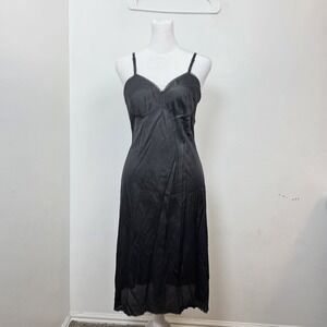 Vanity‎ Fair Vintage Black Satin Babydoll Lace Trim Midi Dress Size Small Long